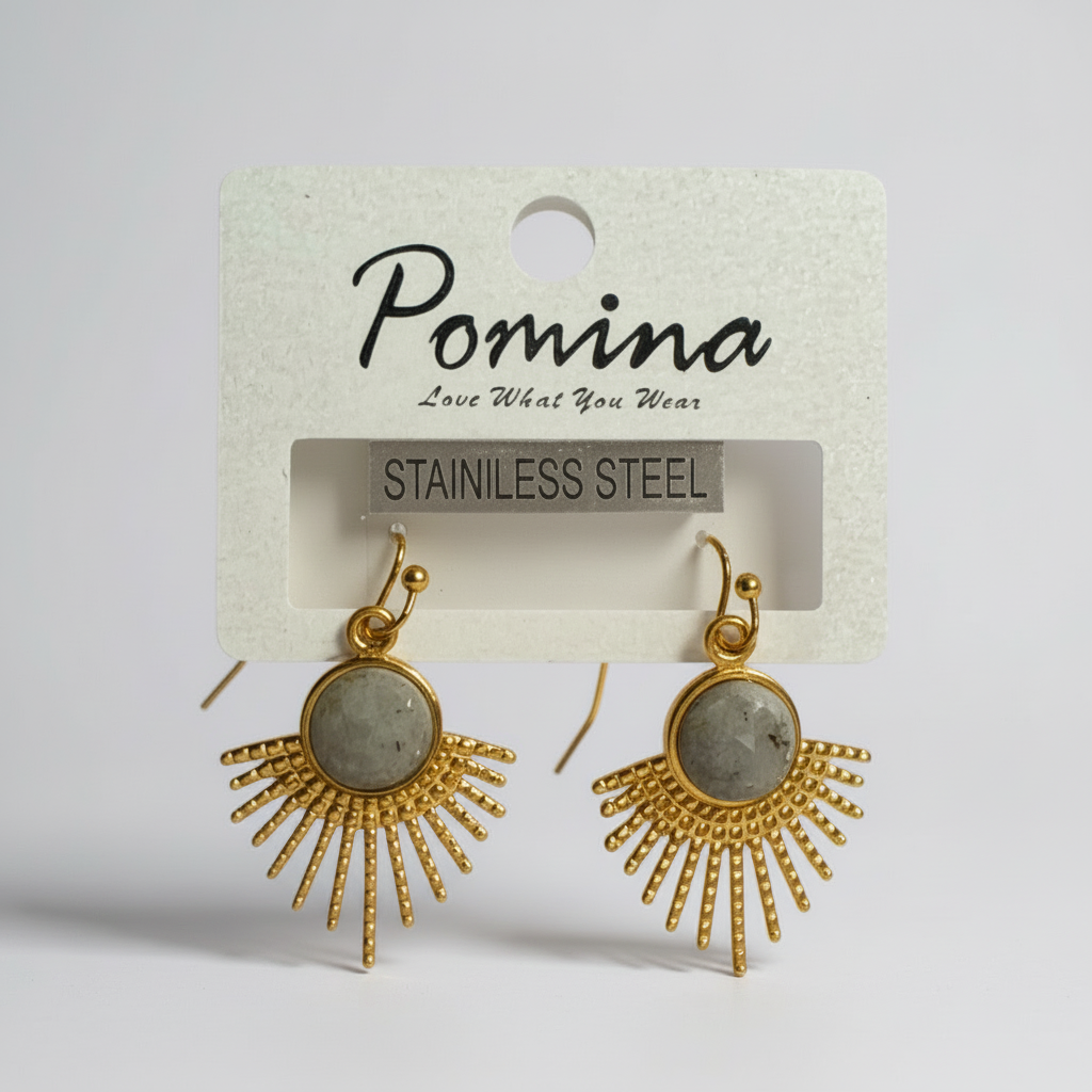 Antique Stone On Sun Gold Dangle Earrings