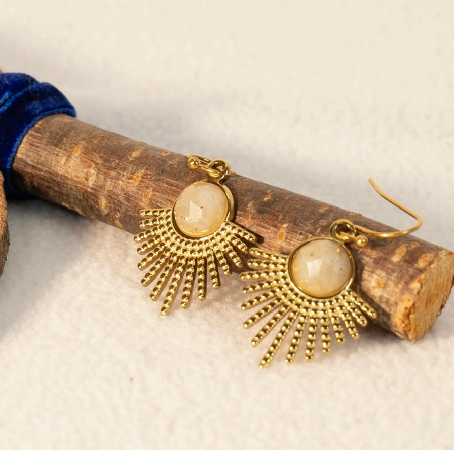 Antique Stone On Sun Gold Dangle Earrings