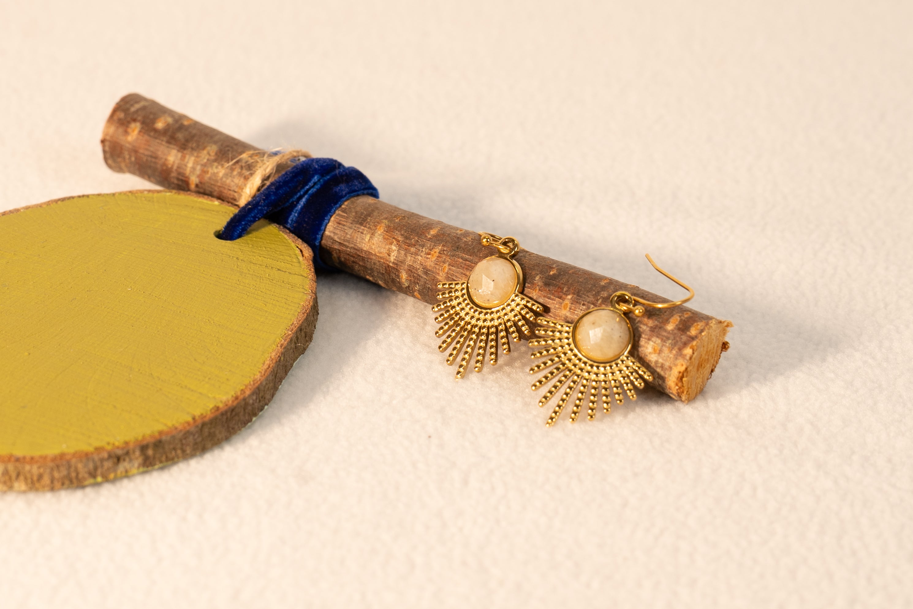 Antique Stone On Sun Gold Dangle Earrings